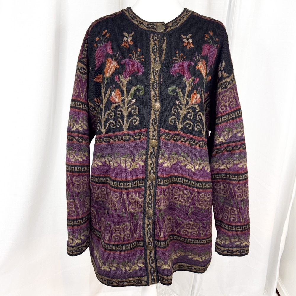 Vintage 1999 Icelandic Design Wool Cardigan XL Floral Lined Nordic Sweater